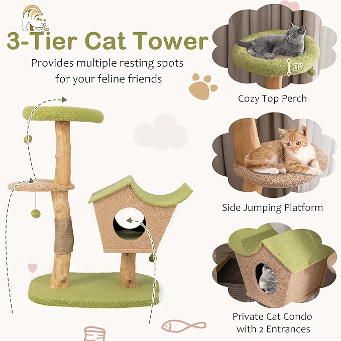 Tangkula Cat Tree, Solid Wood Cat Tower with Jute Scratching Post, Condo, Perch, Jingling Ball, Multi-Layer Activity Center, Modern Cute Cat Tree for Indoor Cats