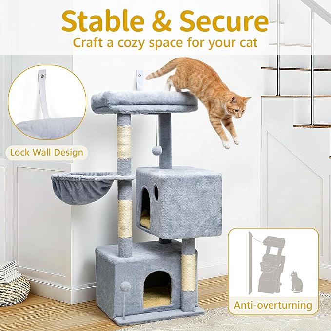 Cat Tree Tower House Condo Small Scratching Post, 40" Corner Kitty Climbing Stand with Hammock for Indoor, Medium Modern Carpet Bed Platform for Kittens, Simple Apartment Cat Furniture