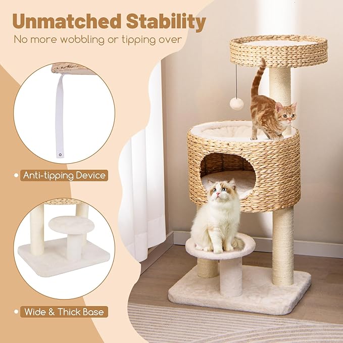 Tangkula Modern Cat Tree, 41 Inch Multi-Level Cat Tower with Cattail Fluff Condo & Top Perch, Hanging Toy, Bed, Removable Cushion, Sisal Scratching Posts for Indoor Cats, Natural