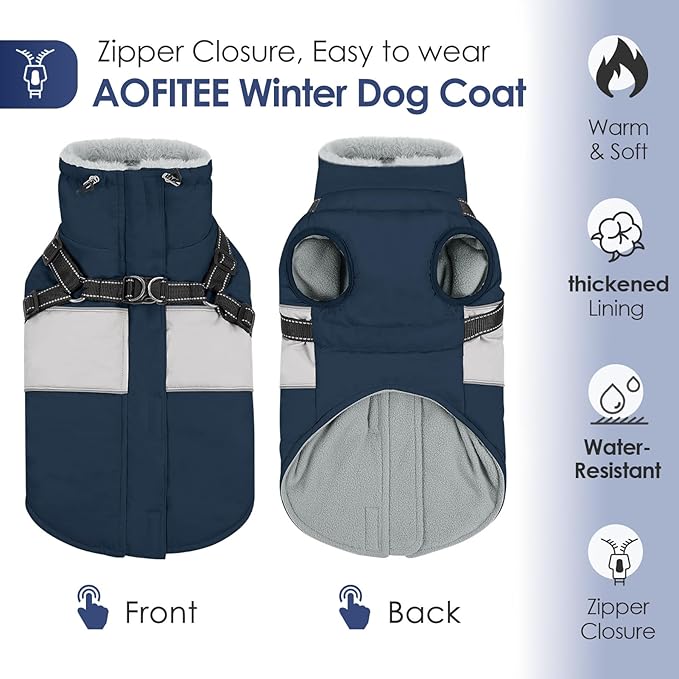 AOFITEE Dog Coat Warm Dog Winter Coat, Waterproof Dogs Jacket with Harness, Dogs Snow Jacket Snowsuit with Zipper & Furry Collar, Reflective Windproof Pet Sweater for Cold Weather, French Bulldog, L