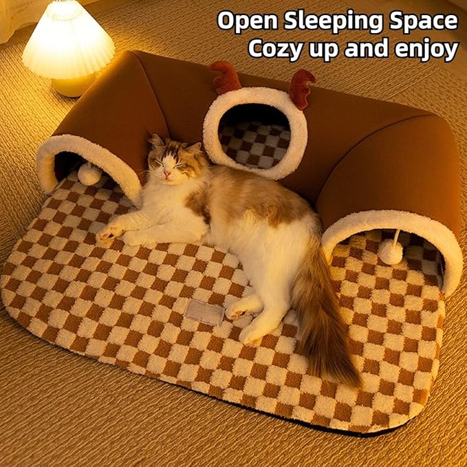 Cat Tunnel Bed Indoor, Peekaboo Cave Bed for Multiple Cats,Kitty Tube with Balls Toys,Removable Cat House Washable,Small Animal Tunnel for Kitty,Bunny (Brown,Small)