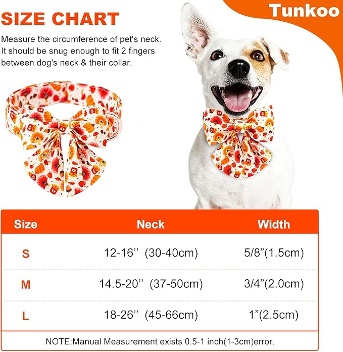 Tunkoo Dog Collar with Pretty Bow Tie Pumpkin and Turkey Pattern - Durable, Adjustable and Stylish Thanksgiving Pet Collar, Available in Small Medium Large, M