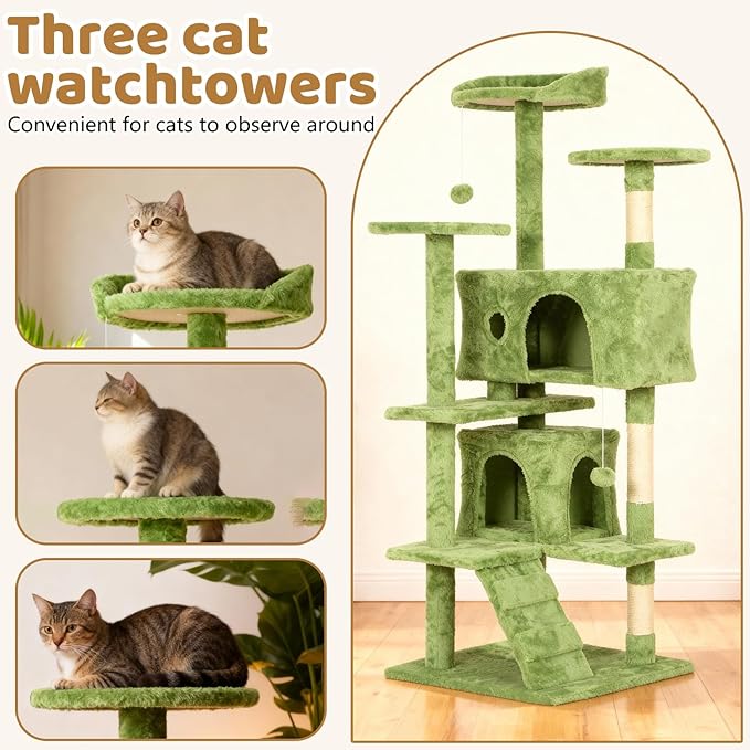 BestOffice 54 Inch Cat Tree, Multi-Level Cat Tower with Condo, Perches, Sisal Scratching Posts, Climbing Ladder,Indoor Activity Center Play House for Kittens & Adult Cats,Green
