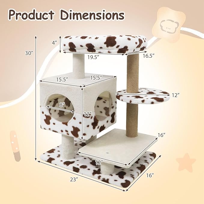Tangkula 30 Inch Small Cat Tree, Unique Cat Tower with Jute Scratching Post, 2-Door Condo, Padded Top Perch, Jumping Platforms, Cow Print Aesthetic Cat Tree for Indoor Cats