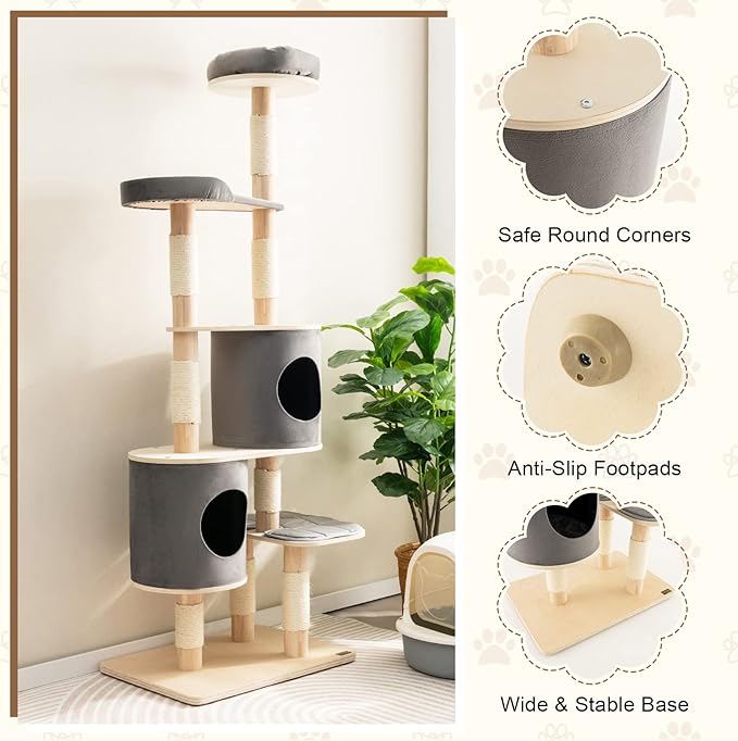 Tangkula 75 Inch Tall Cat Tree for Indoor Cats, Natural Solid Rubber Wood Cat Tower with Sisal Scratching Posts, Top Perch, Detachable Cat Condo, 6-Layer Modern Cat Trees and Towers for Large Cats