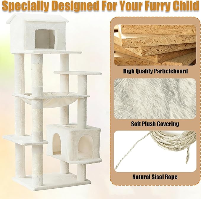 KAWHBET 64in Cat Tree,Cute Big Multi-Level Cat Tower Cat Tower W/Scratching Post,Apartment,and Extended Platform for Cats to Play and Sleep,Cat Tree for Indoor Cats Large Adult (White)
