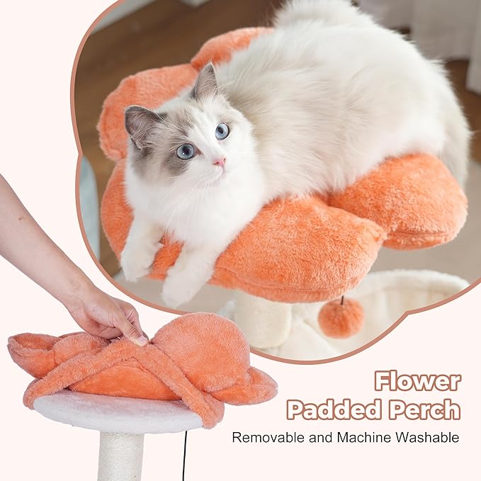 Small Cat Tree with Large Hammock and Cute Flower Cat Tree with Scratching Post for Indoor Cats