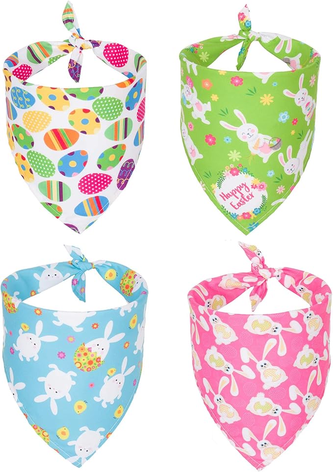 ADOGGYGO 4 Pack Easter Dog Bandana Triangle Dog Scarf Rabbit Easter Egg Pattern Pet Bandana for Large and X-Large Dogs Pets (X-Large)