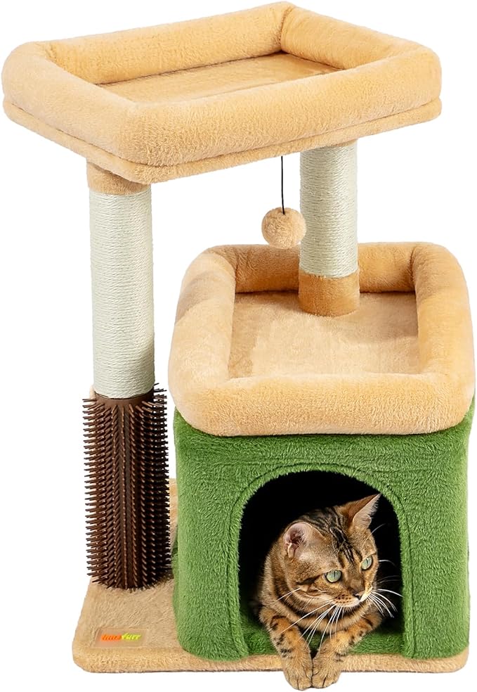 Small Cat Tree for Indoor Cats, Cat Scratching Post with Condo, Tower, Plush Cozy Perch, Massage Brush, Activity Hanging Pompoms for Kittens (Green)