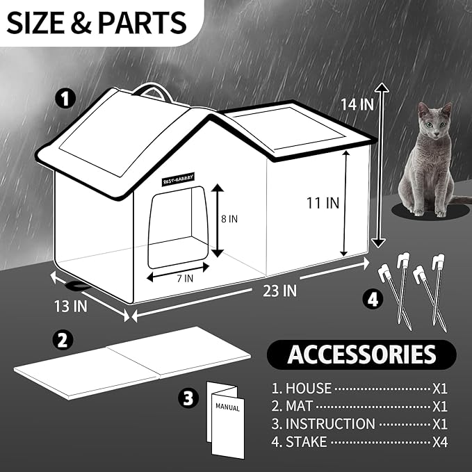 Rest-Eazzzy Cat House for Outdoor Cats, Weatherproof and Insulated Feral Cat House with Mat and Clip, Easy to Put Together, Selfwarming Cat Shelter for Winter (Black, Waterproof House-L)
