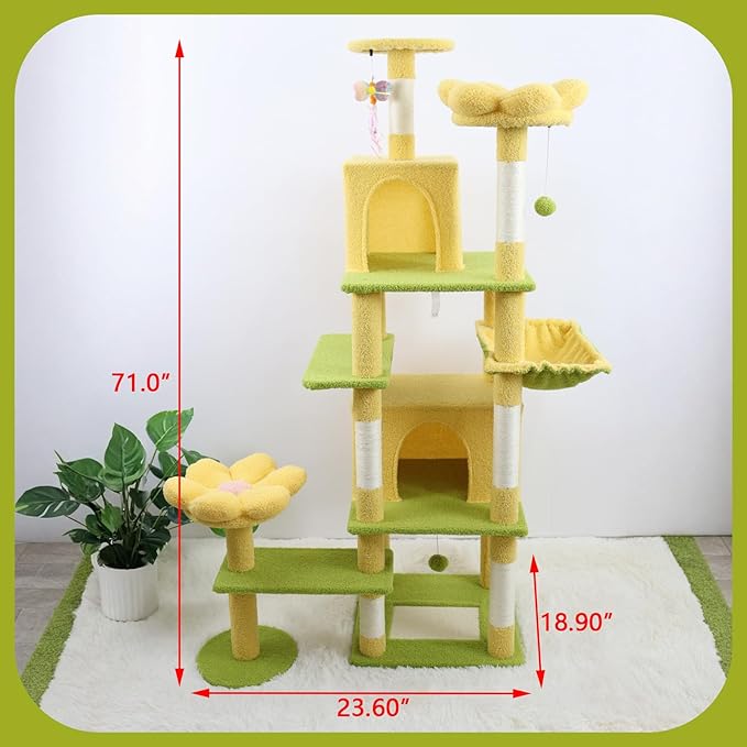 71 inch Flower Cat Tree, Multi-Level Cat Tower with Large Condo Removable Flower Cushion and Hammock, Tall Cat Tree for Indoor Large Cats Climbing, Scratching, and Play (Yellow)