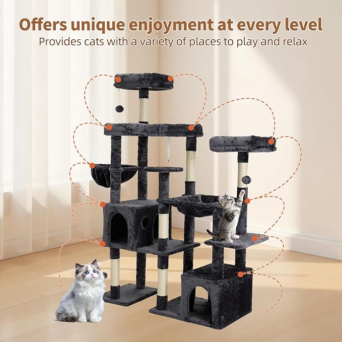 Indoor Cat Tree for Large Cats, 64.5 Inch Multi-Cat Cat Tree, Includes 3 Perches, 2 Cat Beds, 2 Hanging Baskets, Ideal for Multiple Cats to Play (Grey)