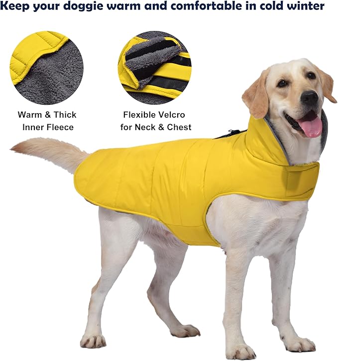 Dog Winter Coat, Waterproof Dog Jacket with Leash Hole, Reflective Adjustable Pet Snow Vest, Warm Fleece Sweater for Small Medium Large Dogs - Yellow, L