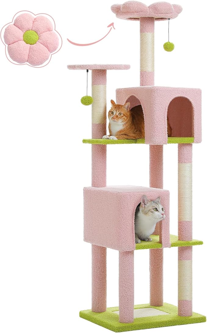 62" Flower Cat Tree for Indoor Cats, Multi-Level Tall Cat Tower with 2 Spacious Condos, Scratching Pad, 4 Cat Scratching Posts, 2 Top Perches, 2 Pompoms, Pink