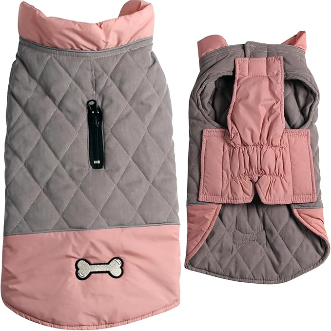 Reversible Dog Coats for Large Dogs Waterproof Warm Dog Jacket for Cold Winter,Pink and Grey XXL