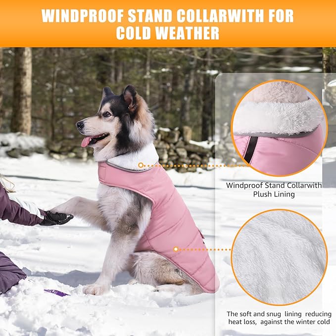 iBuddy Dog Winter Coat for Extra Large Dogs, Easy on 3XL Dog Snow Jacket Velcro Waterproof Pet Puffer Clothes with Harness Hole Adjustable Reflective Quilted Pet Cold Weather Vest for Girl Female