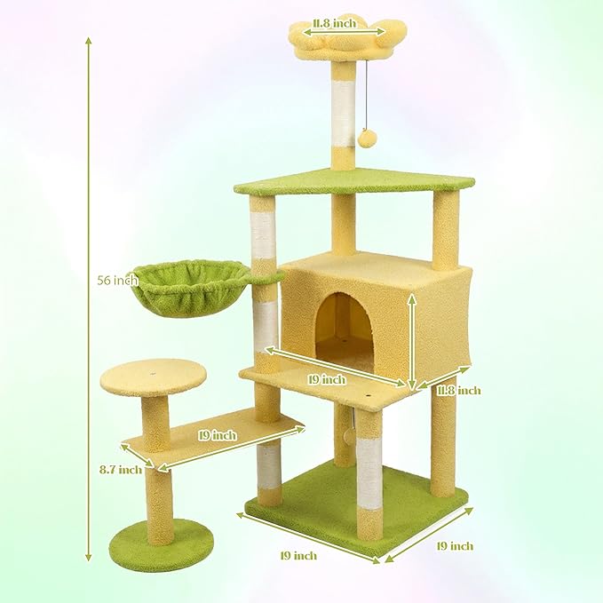 Cat Tree, Yellow, 56x19x19 Inches, All Breed Sizes, Climbing and Cuddling, Particle Board, Floor Mount