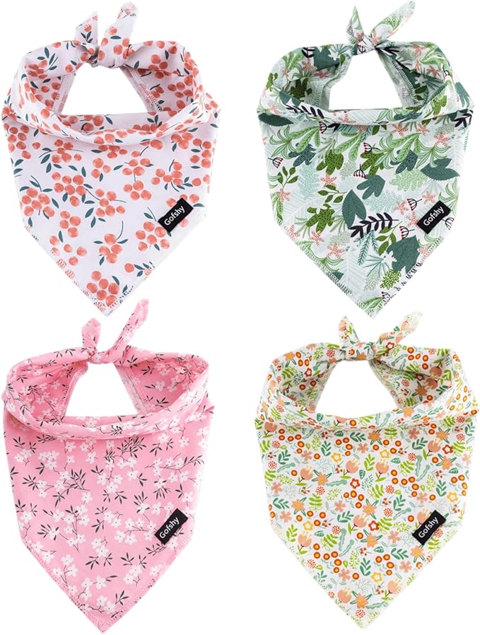XLarge Summer Spring Dog Bandanas-4PCS Pink Green Orange Floral Printing Dog Scarf Bib Kerchief Breed for Large Girl Dogs Pets Gift