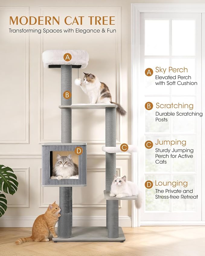 Maine Coon Cat Tree for Large Cats, Modern Cat Tree Tower with Plush Platforms, Heavy Duty Cat Trees for Indoor Cats Large Adult, Gray Sisal Posts, Scratching Post for Indoor Cats