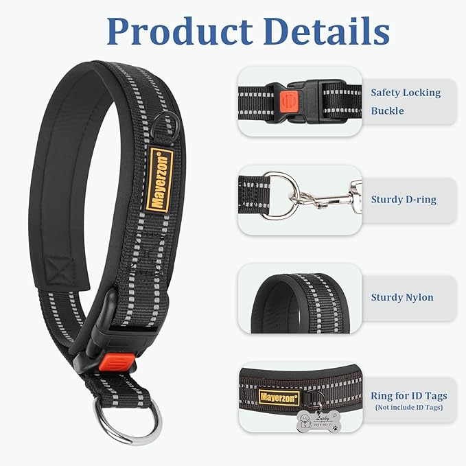 Mayerzon 1.5" Wide Martingale Collar for Large Medium Small Dogs Pitbull German Shepherd, No Pull Reflective Slip Martingale Dog Collar with Buckle Soft Padded for Walking Training(Black,L)