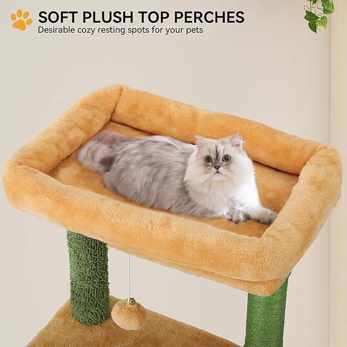 YITAHOME Tall Cactus Cat Tree Tower with Self-Grooming Brush, 60in Cute Cat Climbing Tower for Indoor Cats with Cat Condo, Top Perch, Basktet, Sisal Scratching Posts and Board, Dangling,Ball