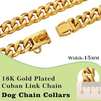 18K Gold Plated Stainless Steel Dog Collar with Safety Lock 15MM Heavy-Duty Cuban Link for Small, Medium & Large Dogs for Extra Small Dog with 8inch Dog's Neck