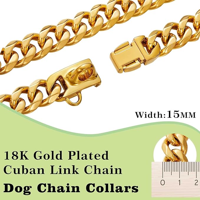 18K Gold Plated Stainless Steel Dog Collar with Safety Lock 15MM Heavy-Duty Cuban Link for Small, Medium & Large Dogs for Extra Small Dog with 8inch Dog's Neck