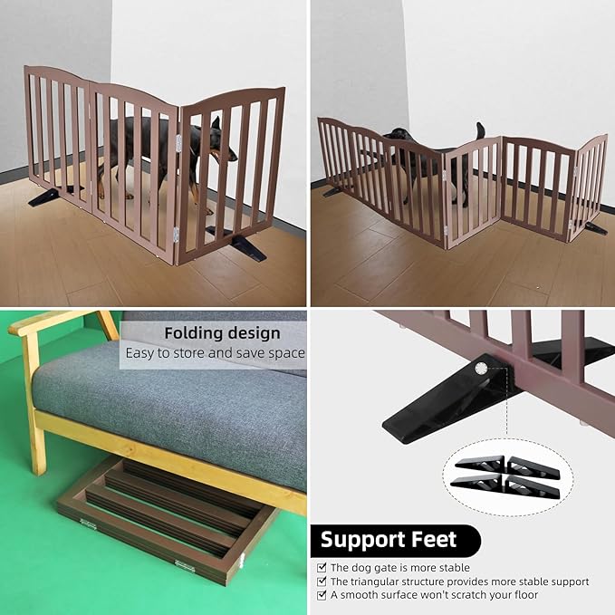 ZJSF Foldable Freestanding Indoor Dog Gate for House Wood Long Pet Gates Dog Fence for Stairs Puppy Gates for Hallways, Puppy Gate,Support Feet Included, Brown, 32 "Height-3 Panels