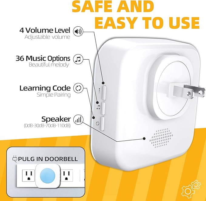Wireless Doorbell 1200 feet Waterproof Door Bell with Flash LED Light 36 Melodies 4 Volume Levels (2 Receivers& 1 Touch Button, White JSIEEM)
