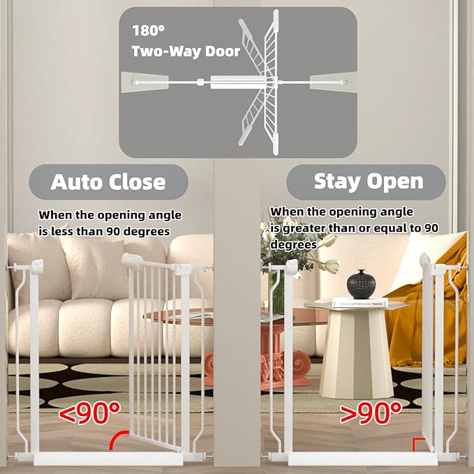TSAYAWA Walk Through Baby Gate with Door, 53-57.48 Inch Wide Presure Mounted No Drill Metal Auto Close Child Gate for Stair Doorway - Indoor Outdoor Safty Gate for Toddler Dog Doggie, White