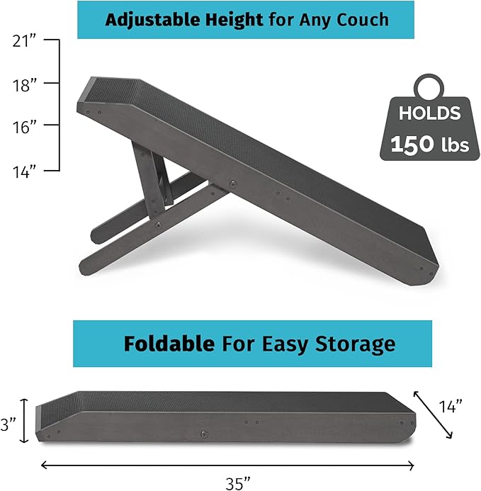 Dog Ramp for Couch, by DoggoRamps – Furniture Quality Solid Hardwood Ramp for Dogs to Get on Couch with Platform Top & Non-Slip Grip – Adjustable Ramp for Small & Medium Dogs – 100% Made in N America