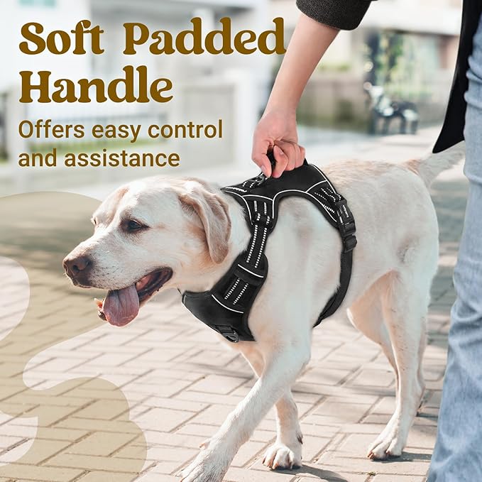 rabbitgoo Dog Harness for Large Dogs, No Pull Pet Harness with Soft Padded Handle, Adjustable Reflective Vest with 3 Buckles, Easy Walking Harness with 2 Leash Clips, Black, XL