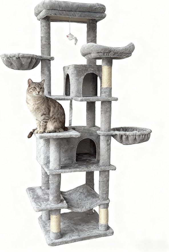 Light Gray 68 Inches Multi-Level Large Cat Tree, Cat Tree Tower for Indoor Cats Large Adult with Condo/Cozy Plush ‌Pussycat Perches/Sisal Scratching Posts for Cats to Play and Sleep