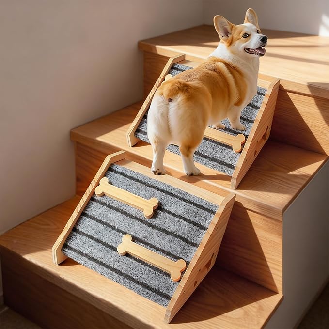 2-Pack Wooden Pet Stair Ramp - Felt Surface with Non-Slip Ribs Natural Pine Wood Suitable for Small Medium Dogs, assists Senior Dogs and Injured Pets up and Provides a Safe Indoor Passageway.