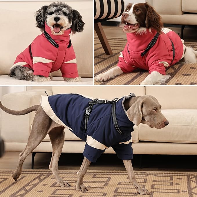 MIGOHI Ultra Thick Dog Jacket,Reflective Medium Dog Coat with Harness Built in,Warm Pet Winter Coat Zip Up Puffer Jacket with Furry Collar for Medium Dogs with Legs Outdoor Adventure,L,NavyBlue