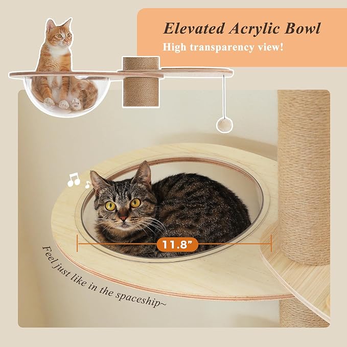 PETEPELA Floor to Ceiling Cat Tree, Adjustable Height(79-103'') Solid Wooden Tall Cat Tower for Indoor Cats with Sisal Scratching Post, Acrylic Bowl and Play Pompom