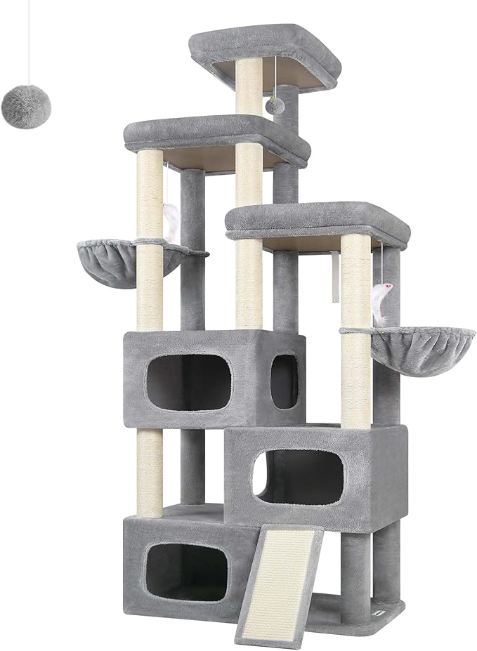 Globlazer 85 Inch Tall Cat Tree for Large Cats, Multi-Level Cat Tower for 4+ Cats with 3 Condos, 2 Hammocks & Sisal Posts, Heavy Duty Cat Tree Tower for Maine Coon, S85, Light Grey