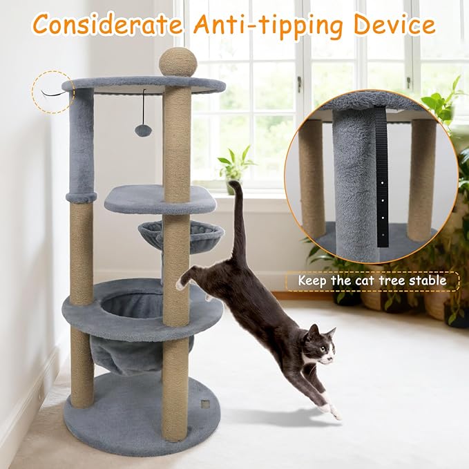 PETSITE Multi-Level Cat Tree, 47 Inches Tall with Jute Scratching Posts, Nest, Rotatable Cat Basket, Dangling Ball, and Top Scratching Ball, Ideal for Indoor Cats to Play and Rest
