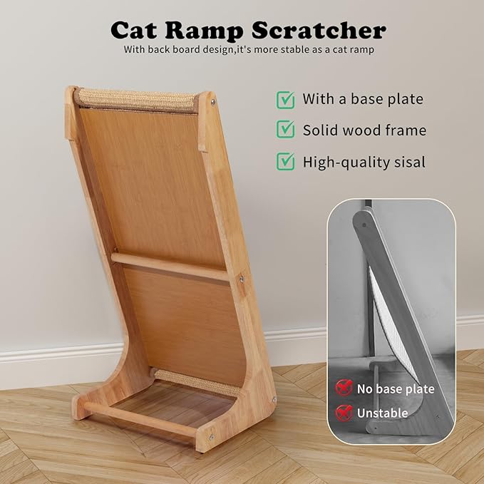 L Shaped Sisal Cat Scratcher - 28 Inch Cat Scratch Ramp for Indoor Cat use,Vertical Cat Scratching Post,Wooden Climbing Kitten/Cats Furniture(Large)