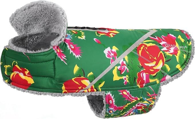 VIVAGLORY Snowrap Dog Coat, Jacket with Harness Hole, Dog Coat for Winter & Cold Weather, Fluffy Warm Fleece Lined Reflective Water Resistant for Puppy, L, Northeast Florals-Green