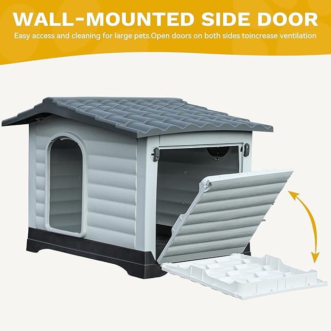 DWVO 36'' 2-Door Dog House with Elevated Base & Cushion, Plastic Pet House for Small and Medium Dogs, Easy Assembly, Water-Resistant for Indoor/Outdoor Use (36''L x 27.1''W x 26''H)