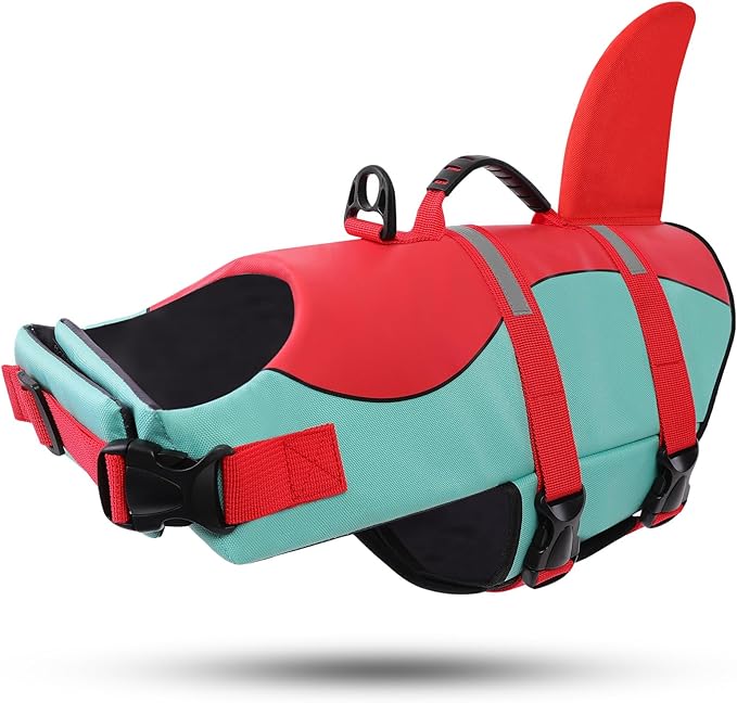 ASENKU Dog Life Jacket - Pet Safety Vest for Swimming & Boating, Shark Life Jacket with Floatation, Dog Lifesavers Swimsuits for Small Medium Large Dogs (RedGreen, L)