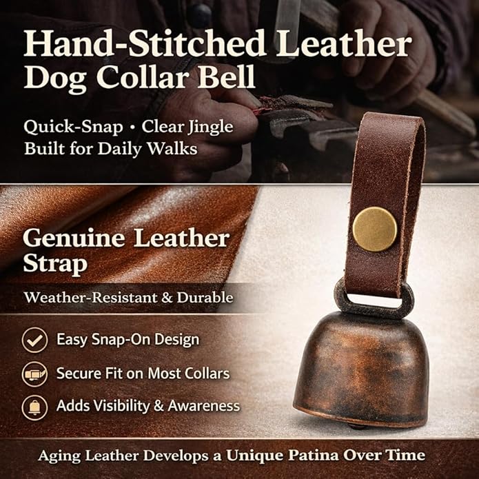 kcrygogo Leather Dog Collar Bell with Quick-Release Snap Buttons Training Bells with Leather Button Strap and Pet Anti- Lost Silver Pendant ID Tags (2Sets)