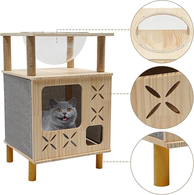 Multi-Functional Cat Tree with Scratching Post & Acrylic Capsule, Cat Houses Cats Hideaway Kitten Cave Ideal Cat Tower Bed for Indoor Cats Comfortable Condo Furniture for Kitten