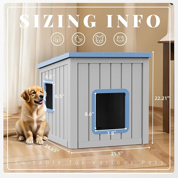Dog House Small Dog Houses Outdoor with Sloped Roof Waterproof Ventilated Design Easy to Clean Elevated Floor Easy Assembly for Middle Sized Dogs(Blue 24.65"*21.5"*22.21")