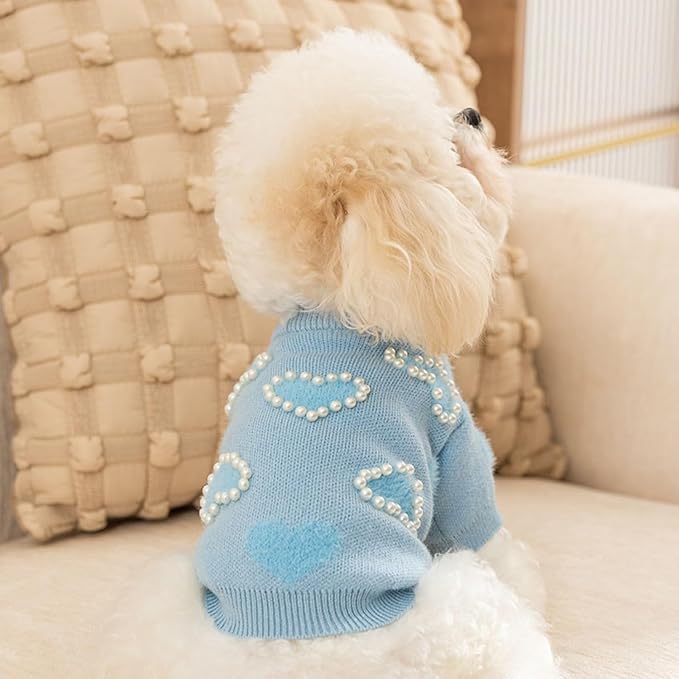Winter Dog Sweater with Heart Shaped Pearl Decoration Thick Puppy Sweater for Small Dogs Pet Coat Dog Birthday