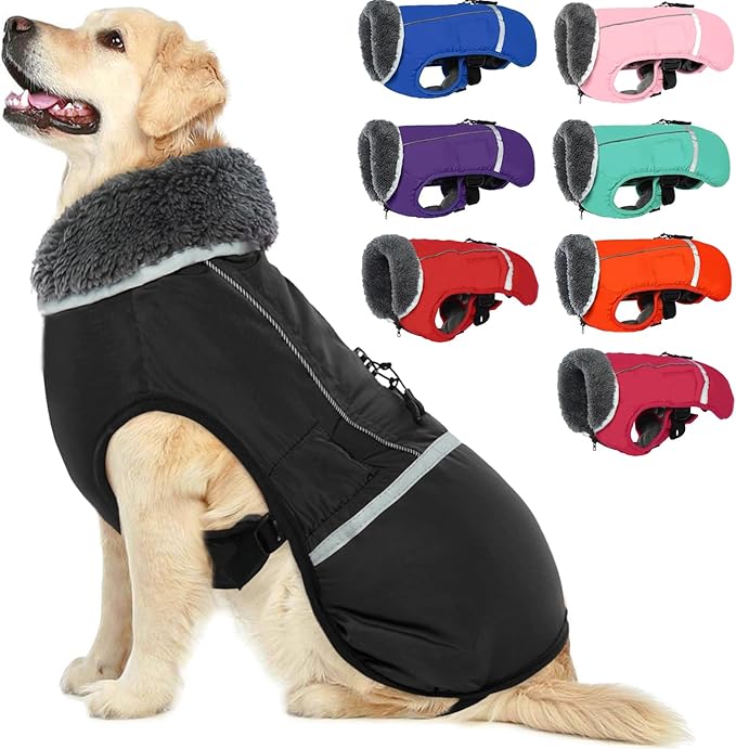Warm Dog Coat, Reflective Waterproof Windproof Dog Jacket with Turtleneck for Cold Weather, Thick Fleece Lining, Pet Outfit, Adjustable Pet Vest for All Dog Sizes, Black