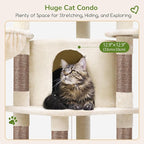 Globlazer Corner Cat Tree, 51in Curved Series Modern Cat Tower for Indoor Cats with Hammock, 7 Sisal Scratching Posts, Large Fan-Shaped Platform for Large Cats, Cat Condo & Hanging Basket, C51, Beige