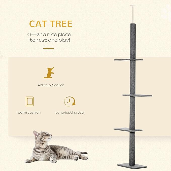 Floor-to-Ceiling 3-Tier Natural Cat Tree Sisal-Covered Scratching Posts Grey Color Multi-Functional Activity Center for Kittens
