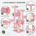 MUTICOR 66 Inches Multi-Level Large Cat Tree Tower for Indoor Big Feline/Cozy Plush Perches/Condo/Sisal Scratching Posts/Hammock and Baskets/Activity Center Play House/Wide Base/Pink